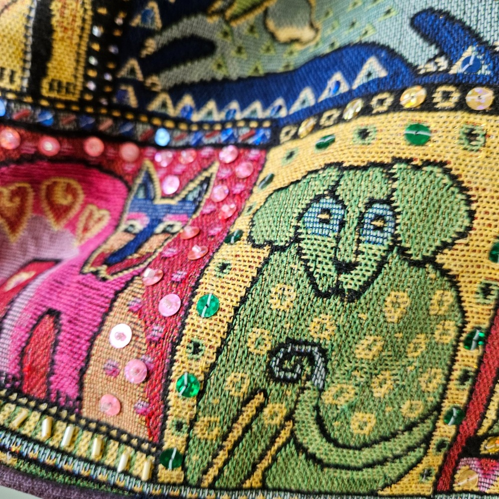 Vtg Laurel Burch Tapestry Tote Bucket Bag Dog Patchwork Sequin Beaded Drawstring - Picture 3 of 7